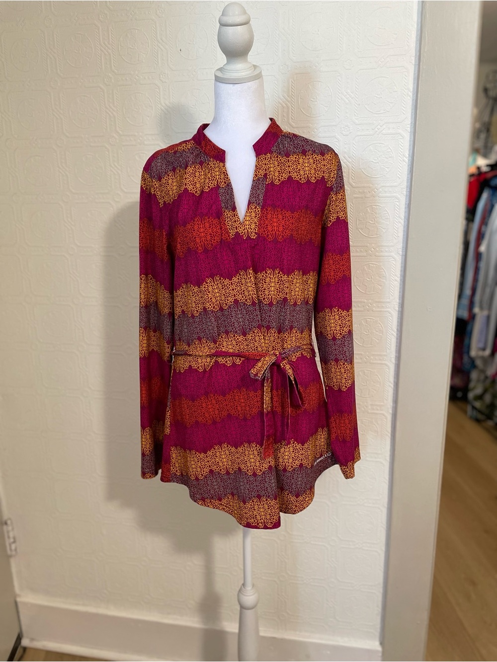 Merrell Berry and Gold Striped Split-Neck Tunic with Tie Waist